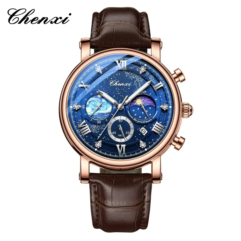 

CHENXI 922, мужские модные кварцевые часы, многофункциональный хронограф, кожаный ремешок, водостойкий календарь, светящиеся классические мужские часы