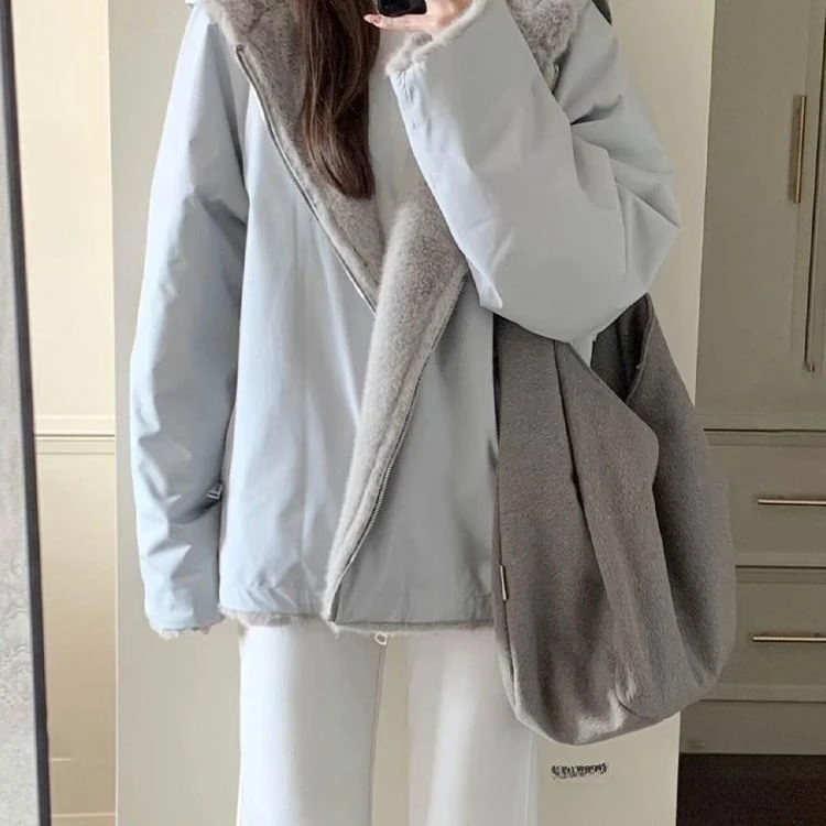 

Зимние утепленные теплые парки, женские модные двусторонние флисовые пальто с капюшоном, женские корейские свободные куртки на молнии с длинными рукавами