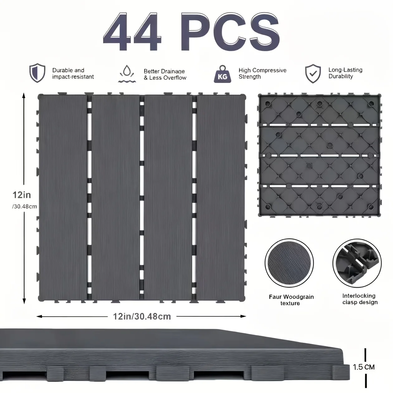 27/44 Interlocking Plastic Outdoor Floor Tiles for Backyard, Patio, And Outdoor Walkways. Waterproof Deck Tiles.