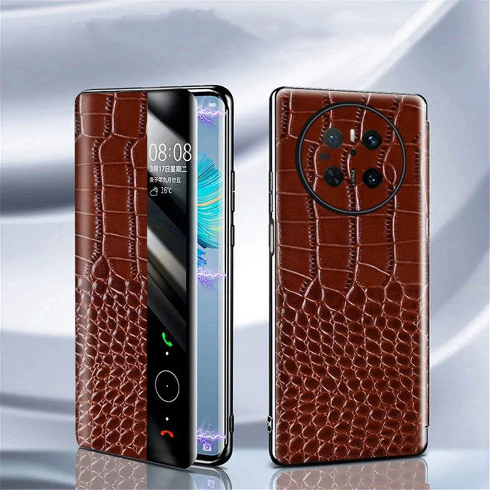 

Premium Natural Cowhide Crocodile Flip Case for Huawei Mate 70 Pro 70 RS Window View Cover