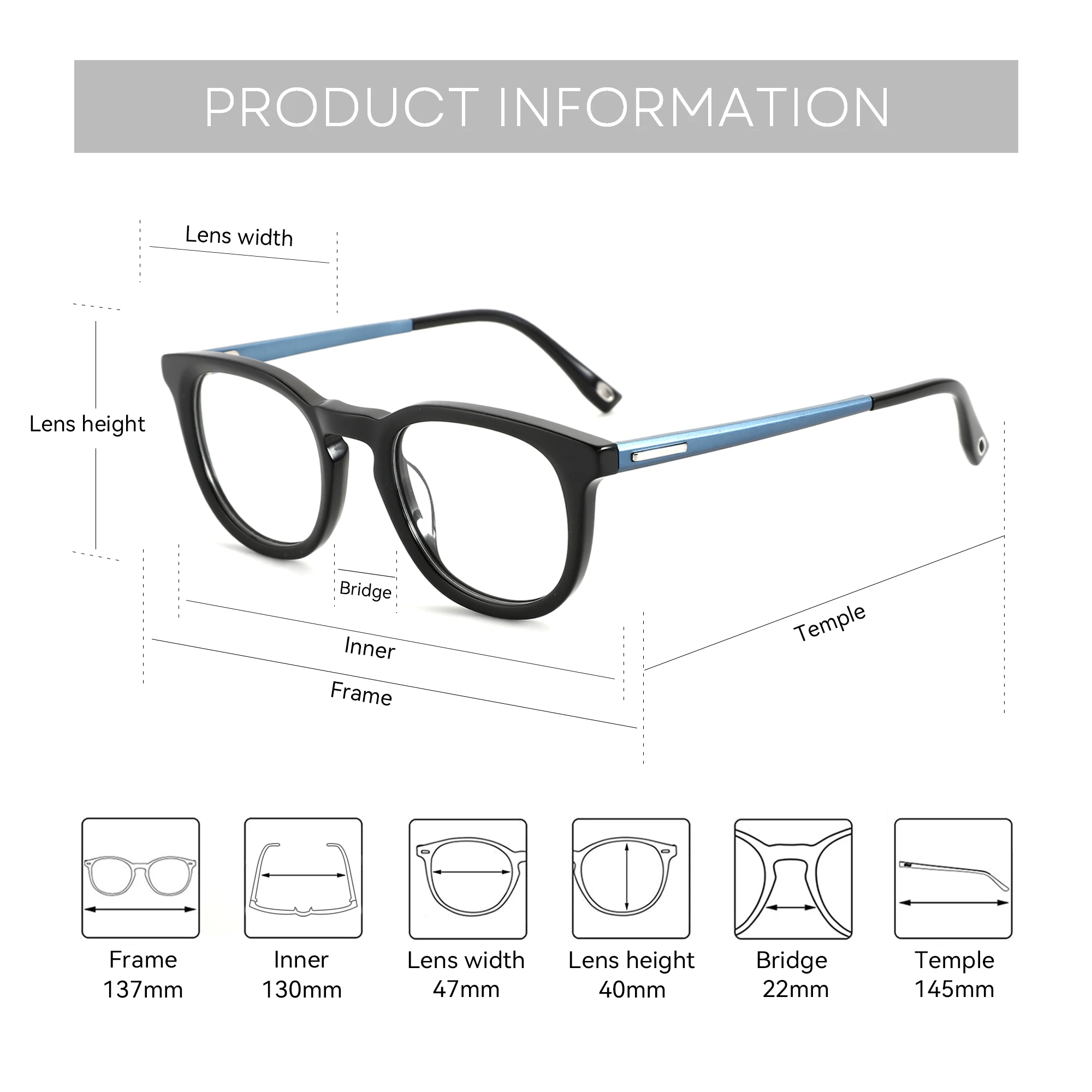 BLUEMOKY (مقاس M) النساء والرجال وصفة طبية مستديرة من الأسيتات نظارات بصرية مصححة متعددة البؤر لقصر النظر مضادة للضوء الأزرق جمالية