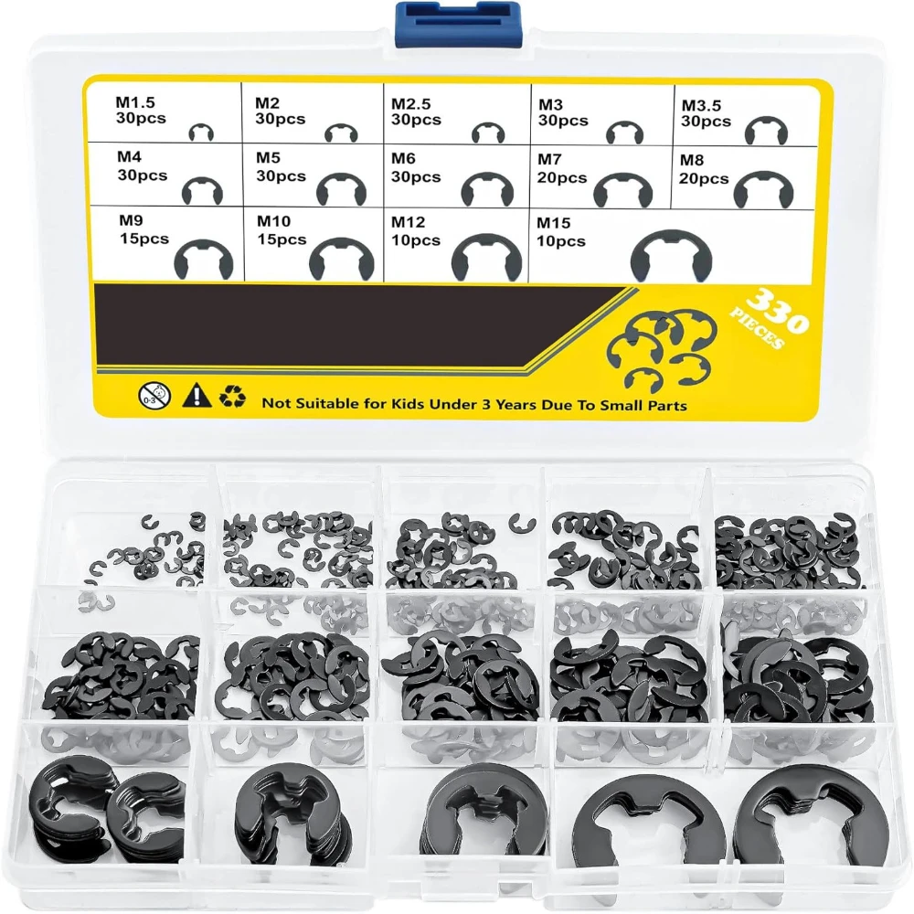 

380pcs Stainless Steel Retaining Ring Washers M1.5 M2 M2.5 M10 M12 M15 Carbon Steel Open Retaining Ring E-type Retaining Rings
