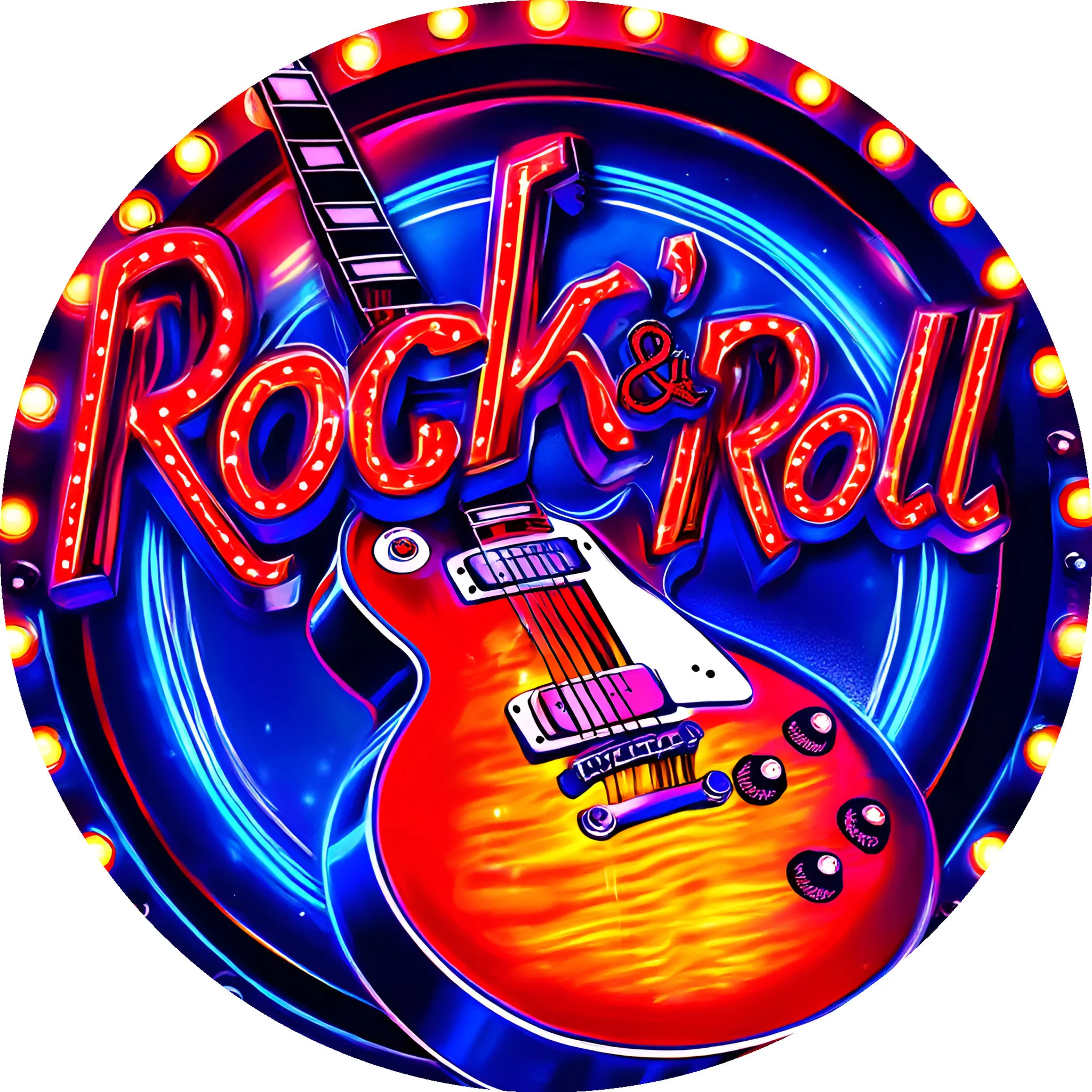 2D Metal Sign Retro Neon Rock Wall Art 7.87in Round Red Glowing Guitar Music Decor for Home Bar Garage Cave Easy Install Gift