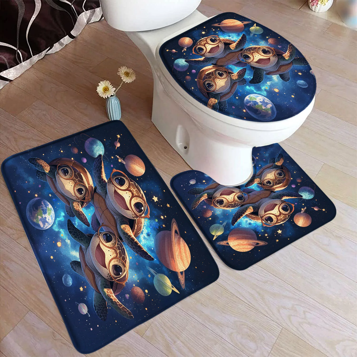 

Funny Cartoon Sea Turtle Bath Mat Set Cute Ocean Animals Cosmic Planet Kids Home Carpet Bathroom Decor Floor Rugs Toilet Cover
