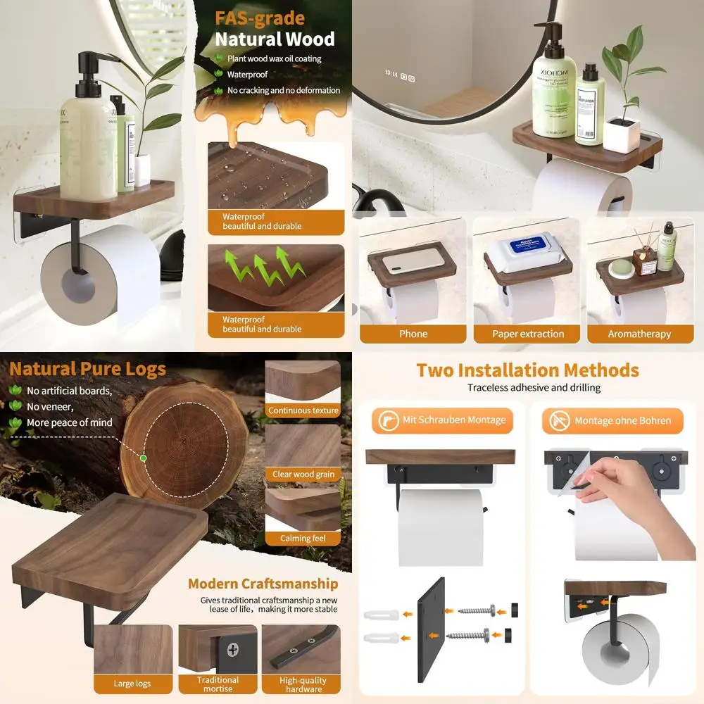 

Wall-Mounted Walnut Toilet Paper Holder with Shelf, Elegant Aluminum Design for Bathroom and Kitchen