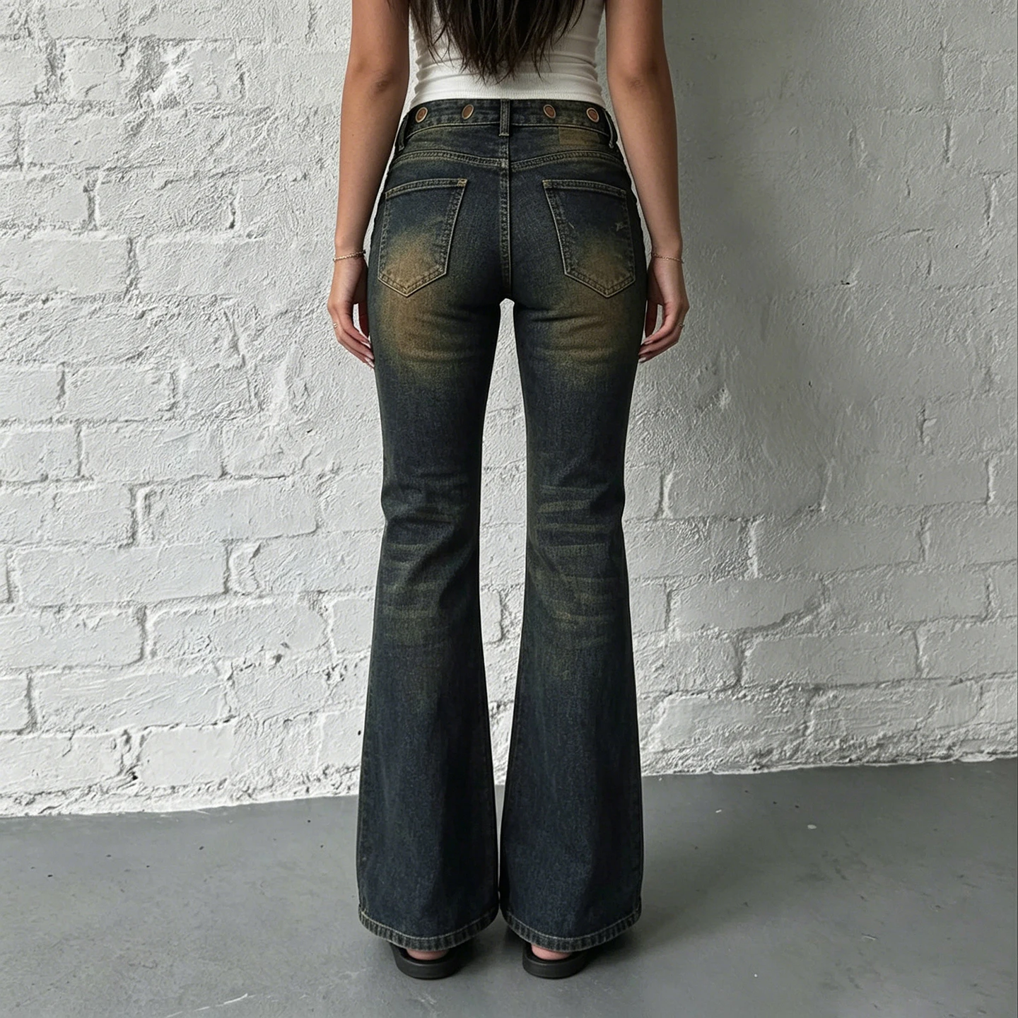 SUCHCUTE Women Low Waist Double Waistband Flare Jeans Vintage Washed Rivet Decor Denim Pants Y2K Streetwear Trousers Aesthetic