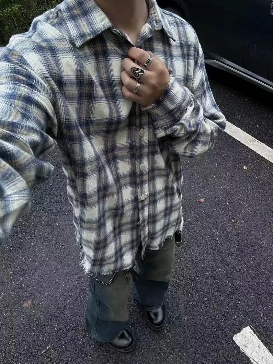 

American Retro Tassel Destroyed Plaid Long Sve irt Men's Loose Casual Autumn irt Coat Flip Collar No Brand