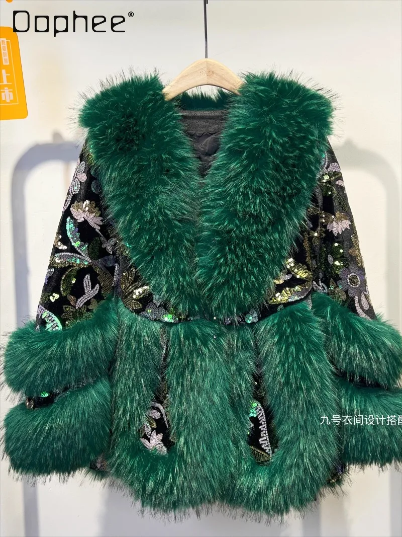 Europäische Station Winter Grün Pelzmantel für Frauen Schwere Pailletten Patchwork Farbe Plüsch Umlegekragen Casual Trendy Faux Pelzmantel