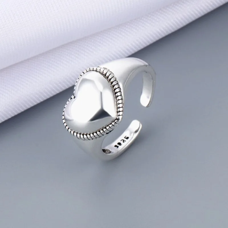New Fashion Wide Face Love 925 Sterling Silver Jewelry Personality Convex Heart Shaped Popular Opening Rings JZ062