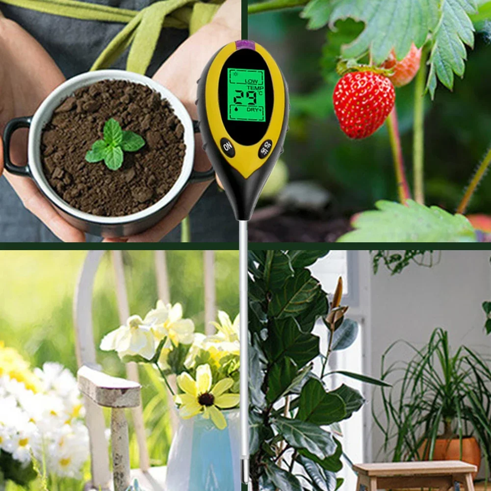 Professional Soil PH Meter 4 In1 LCD Temperature Solar Moisture PH Garden Soil Tester LCD Display Gardening Tool for Plant Care