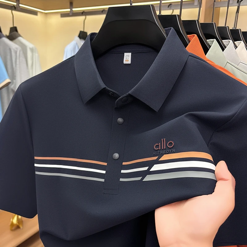 Fashion striped men's short sleeve polo shirt high-end brand ice silk breathable summer business casual letter embossed T-shirt