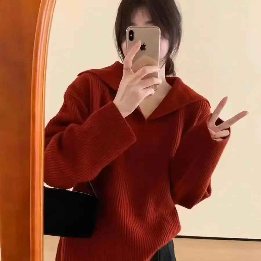 

Военно-морской свободный вязаный свитер, кардиган, мягкий качественный большой воротник, текстурированный дизайн, удобные качественные осенне-зимние женские...