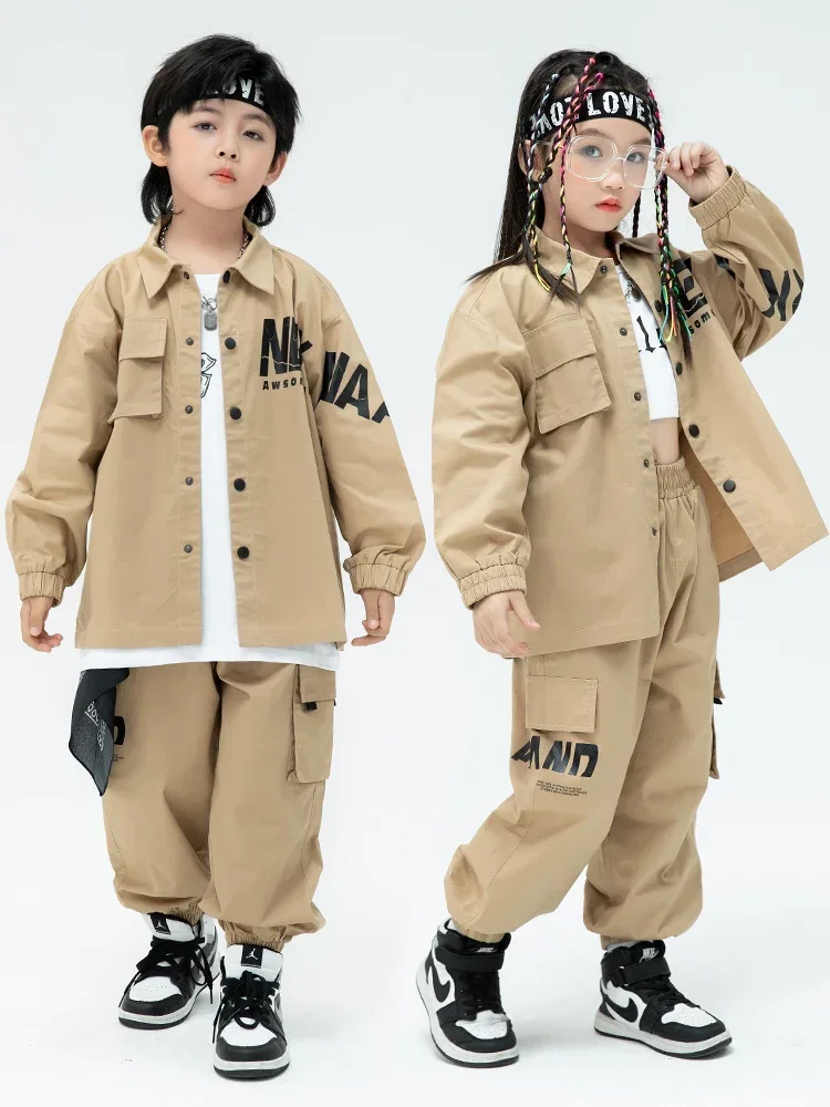 男の子と女の子のためのヒップホップシャツとカーゴパンツセット、ストリートダンスのゆったりとしたジャケット、カーキの服、子供のジョギング、子供のストリートウェア、ジャズの衣装