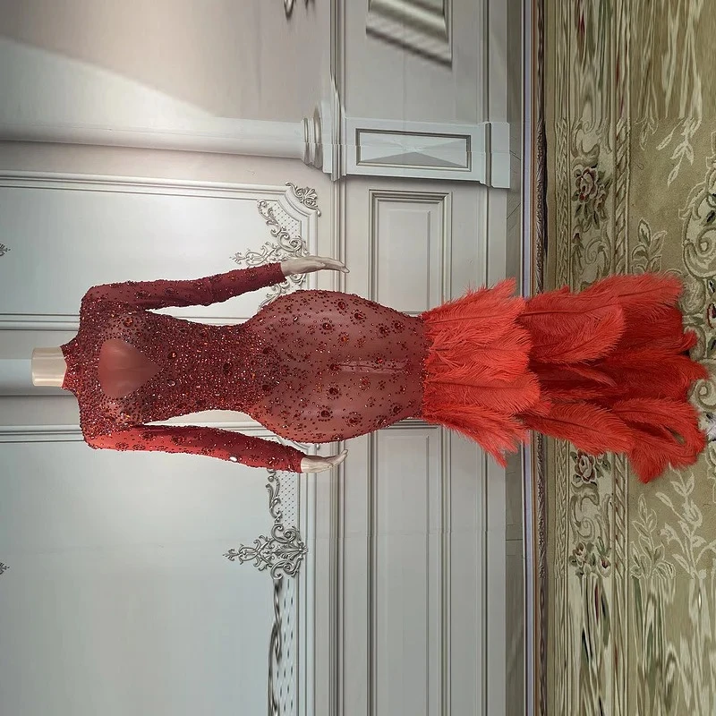 Abito in piume a maniche lunghe con strass Compleanno con diamanti Festeggia il lussuoso costume da ballerina Abito da sposa lampeggiante