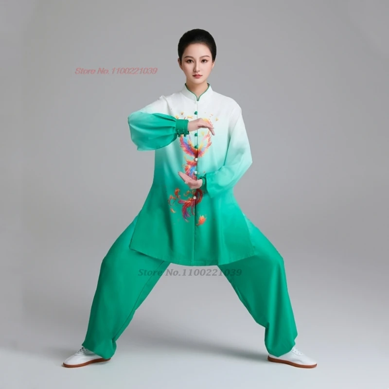 2026 chinese tai chi uniform wushu taiji morning exercise tops+pants set phoenix print stage performance kungfu tai chi set view 3