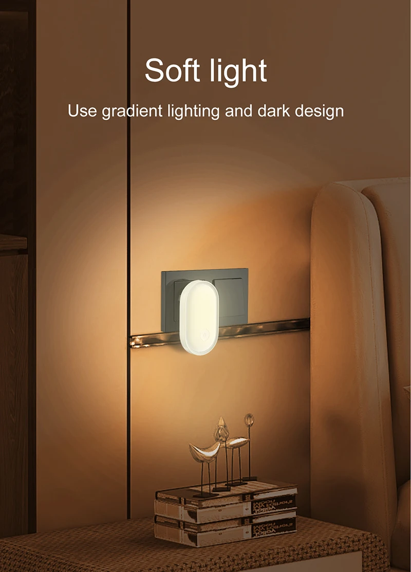 LED Night Light Wall Lamp EU Plug Light Control Induction Energy Saving Environmental Protection Bedroom Lamp Home Decor Q