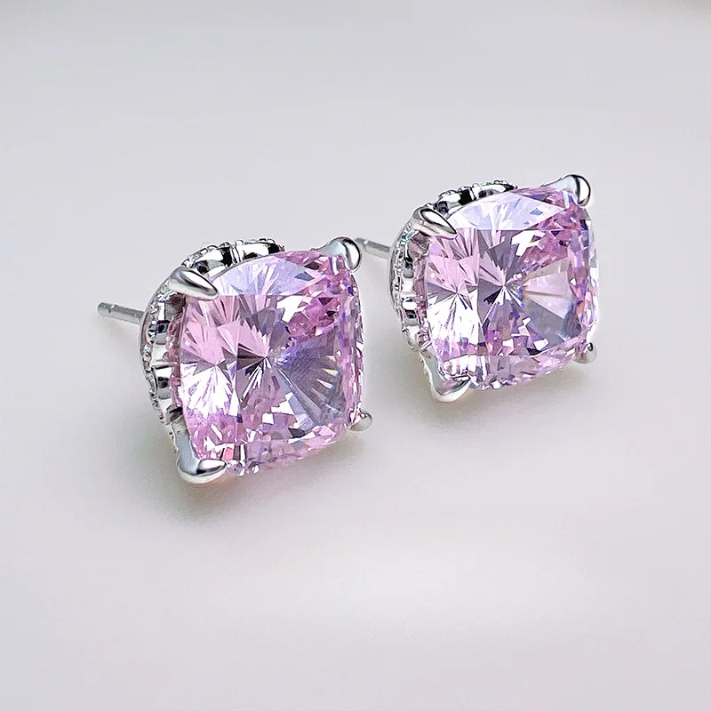 Super Flash 5-Carat Cherry Blossom Pink Diamond Earrings Imported High Carbon Diamond Fat Square Face Earrings for Women Simple