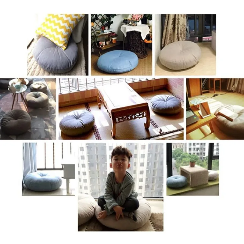 Inyahome Natural Linen Round Floor Pillow Seating Cushion with Removable Zippered Cover Room Décor Pouf for Meditation Yoga Grey