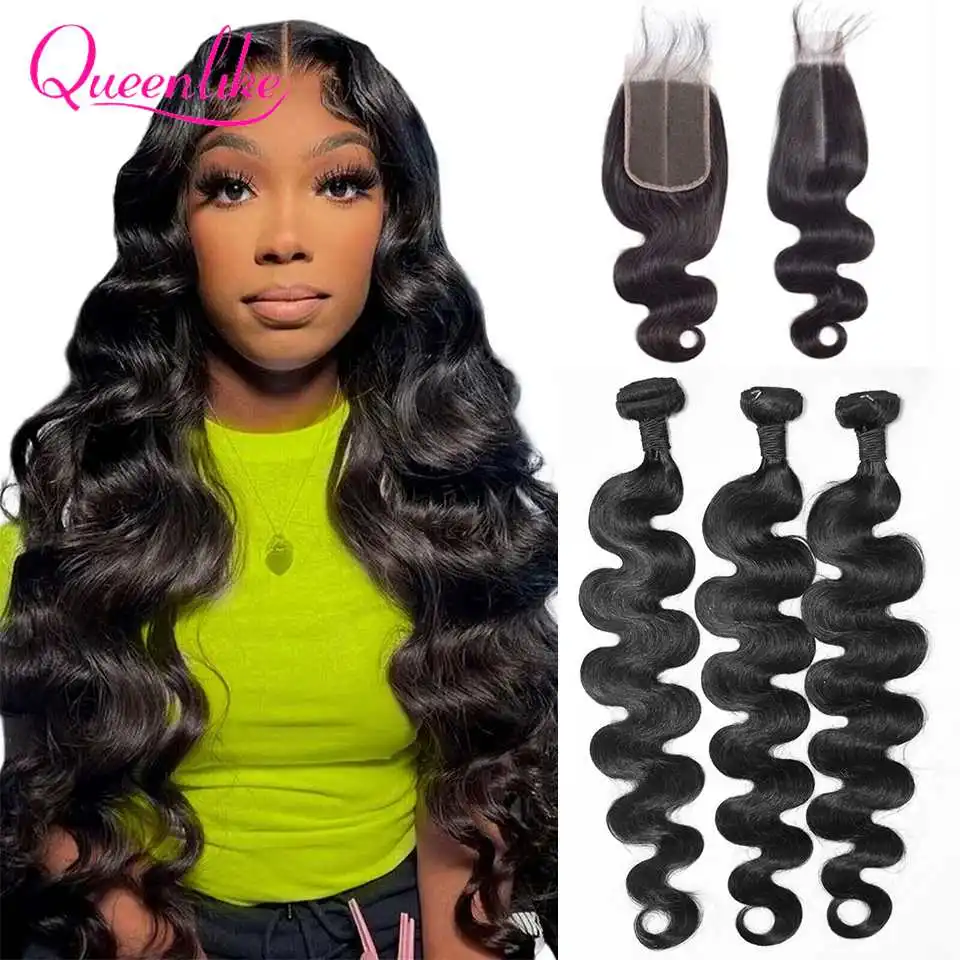 Queenlike 2x6 Lace Closure with Bundles Body Wave Human Hair Bundles with Closure Brazilian Raw Hair Extensions for Women