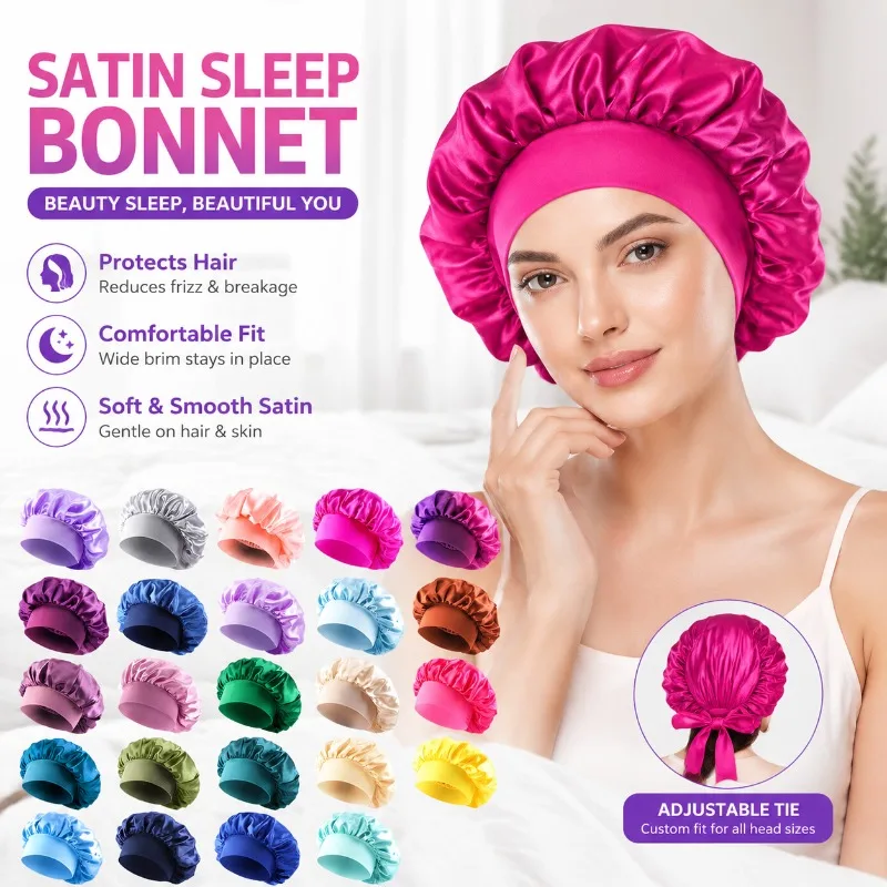 Wide Brim Satin Sleep Bonnet for Women Smooth Hair Care Cap Beauty Makeup Head Wrap Elastic Hair Cover Anti-frizz Night Headwear