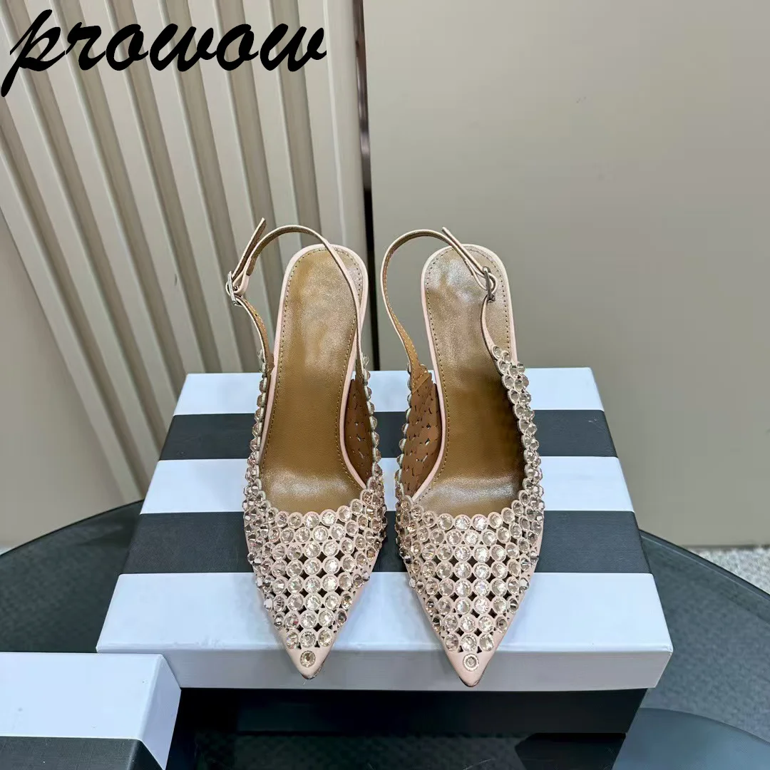 

Prowow/Новые пикантные туфли-лодочки из натуральной кожи с острым носком на тонком высоком каблуке, свадебные туфли с открытой пяткой и кристаллами, женские свадебные туфли Zapatos Mujer