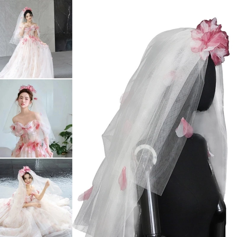 Wedding Bride Tulles with Realistic Flower French Style Bride Proms Party Tiaras Women Veil for Taking Photo Headbands