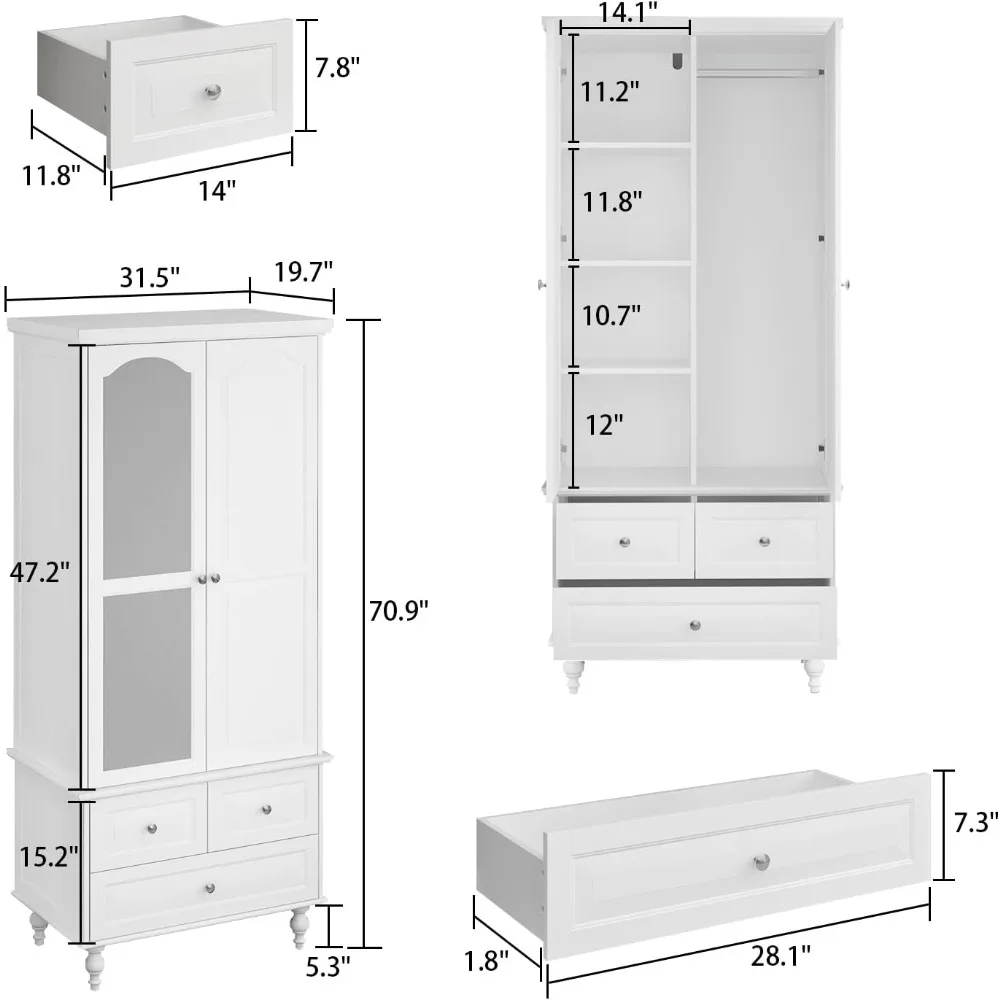 Wooden Wardrobe with Mirror, 2 Doors, 3 Drawers, 4-storey Storage Cube, and Bedroom Hanging Pole Closet Organizer