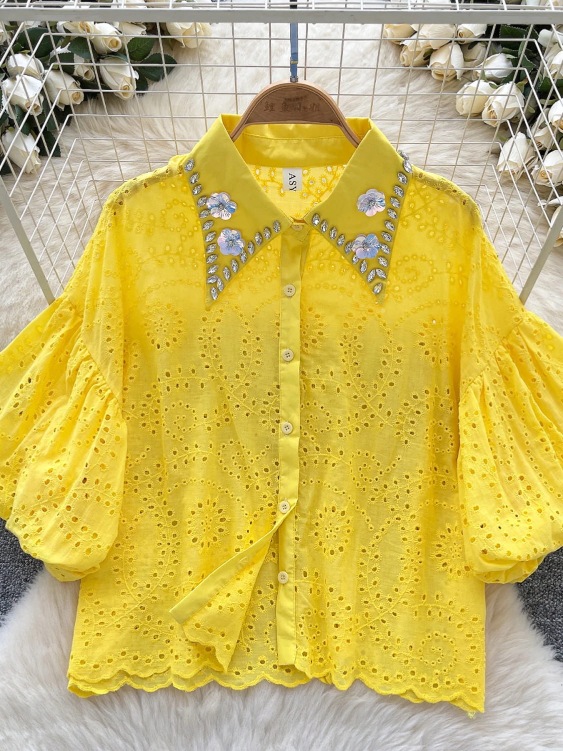 

Ele Bubble Sve irt женский летний свободный дизайн с вышивкой и бриллиантами, корейский топ Sle Commute Faion