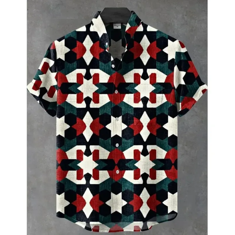 

3D Printing Short Sleeved Fashionable Loose Shirt Lapel Shirt Ropa Para Hombre Geometric Pattern Men's Linen Shirt Splicing