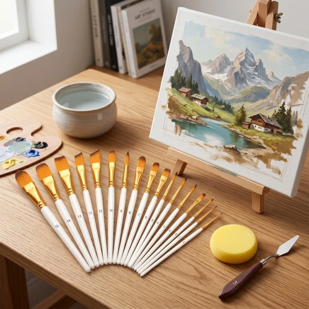 

17PCS Pearl White Painting Brushes with Canvas Bag Nylon Brush Heads Art Brush Kit Light Portable