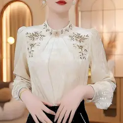 High New Chinese Velvet Shirt Women's Long Sleeved Spring New Item Light Luxury Embroidered Top Pleated Design Blouses Shirt