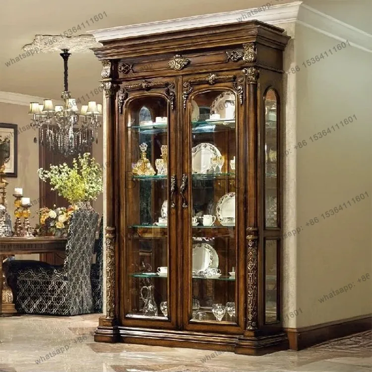 American all-solid wood wine cabinet living room glass door display wall porcelain cabinet