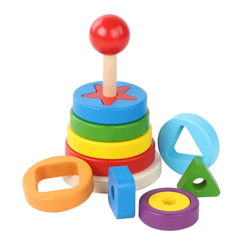 Wooden Geometric Round Stacking Montessori Toys Building Blocks Early Education Montessori 3D Puzzle Shape Rainbow Toys