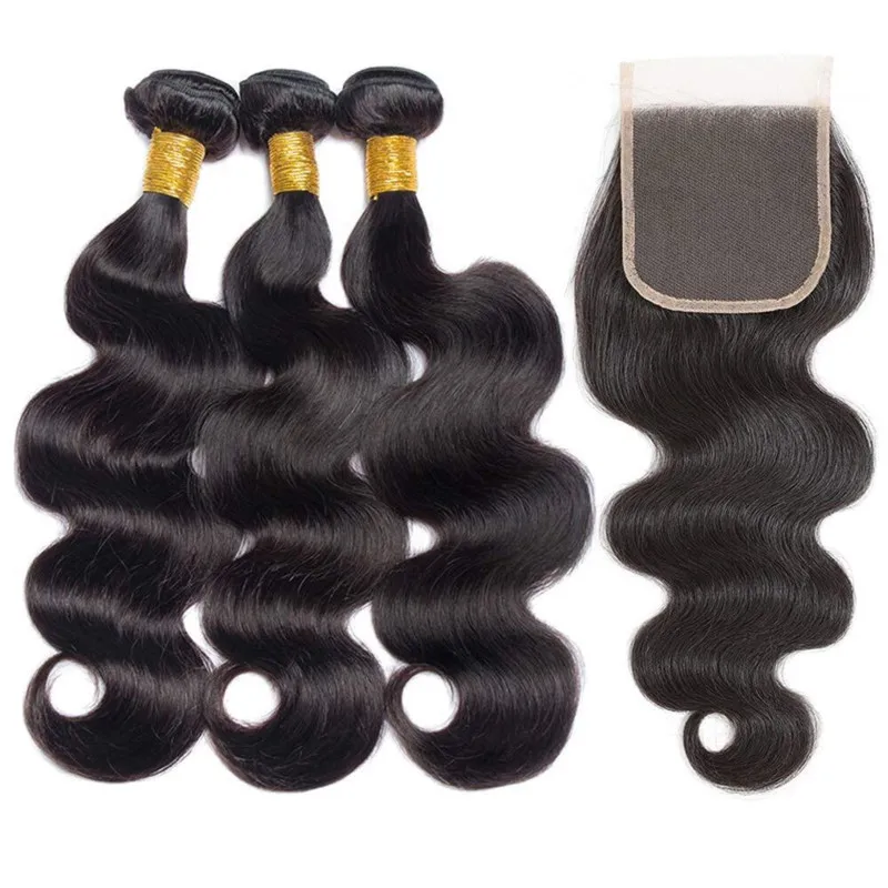 Body Wave Human Hair Bundles With Closure 4x4 Lace Frontal Natural Black Unprocessed Human Hair Bundles With Closure Extensions