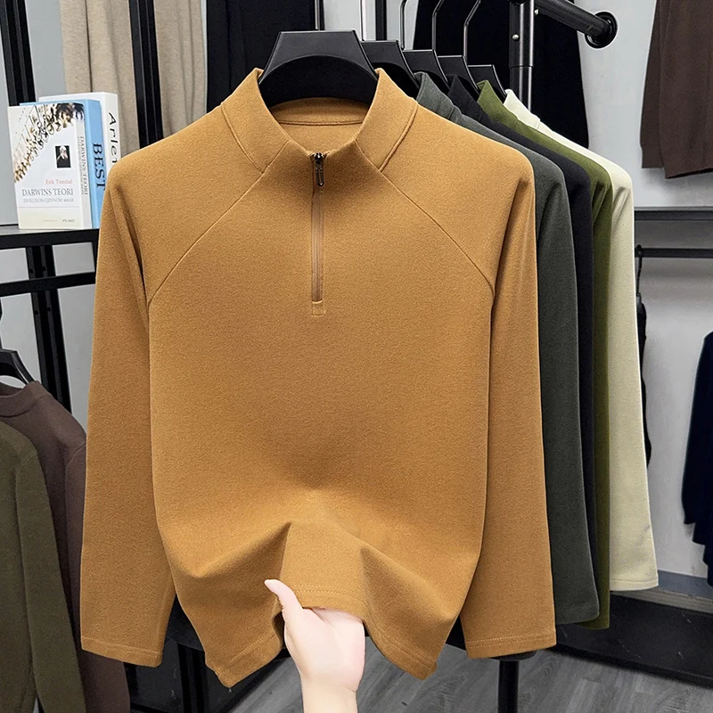 Herren T-Shirt mit halbem Reißverschluss, Stehkragen, langen Ärmeln, einfarbig, Raglanärmel, weiche Thermobasis, lässige Alltagsoberteile – Detail 8
