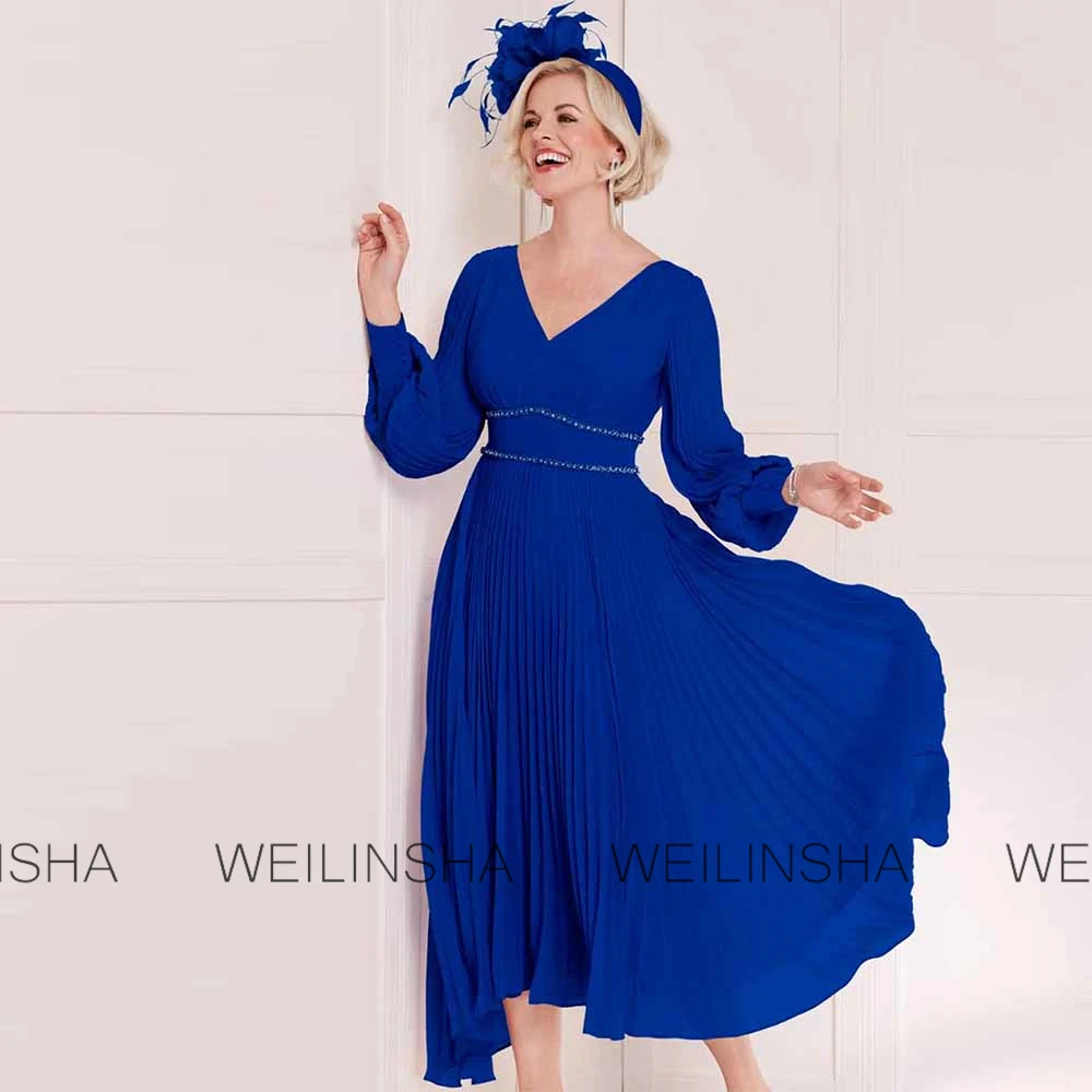 Vintage Wedding Guest Dresses Chiffon A-line Cocktail Party Dress V-neck Beads Ruched Mother of the Bride Dresses Midi 2025