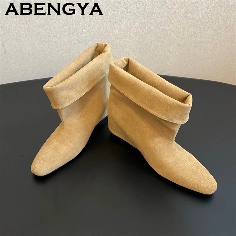 Real Leather Flanging Internally High Short Boots Women Pointy Toe Wedge Heels Ankle Boots 2026 Winter Fashion Week Boots Woman