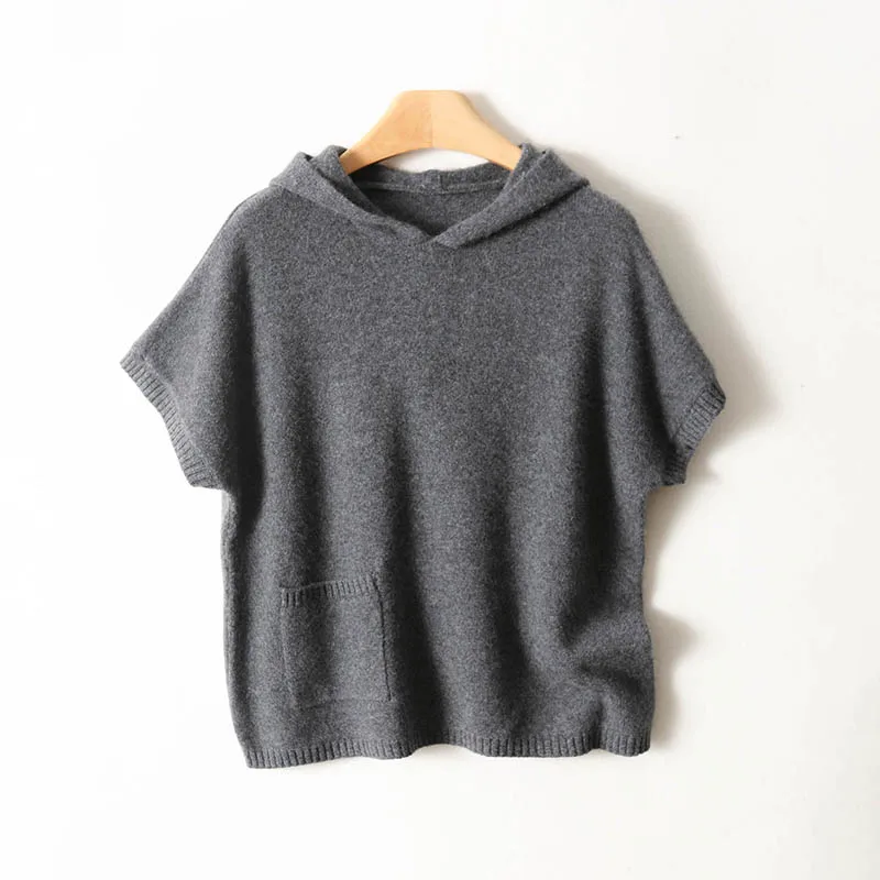 

Женский шерстяной свитер с коротким рукавом, пуловер с капюшоном, осень-зима, 100% мериносовая шерсть, свободный трикотаж, женская одежда, жилет, рубашка, топы