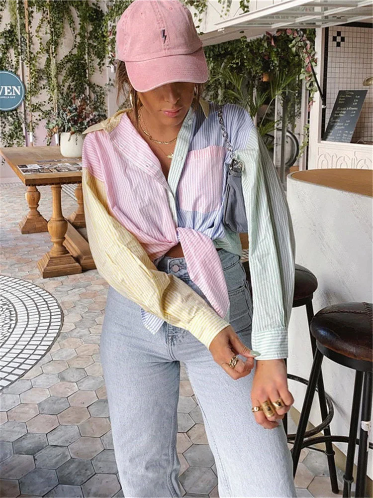 Sweet Woman Loose Colorful Stripe Shirts 2022 Spring Casual Oversized Patchwork Buttoon Tops Girls Sweety Shirt