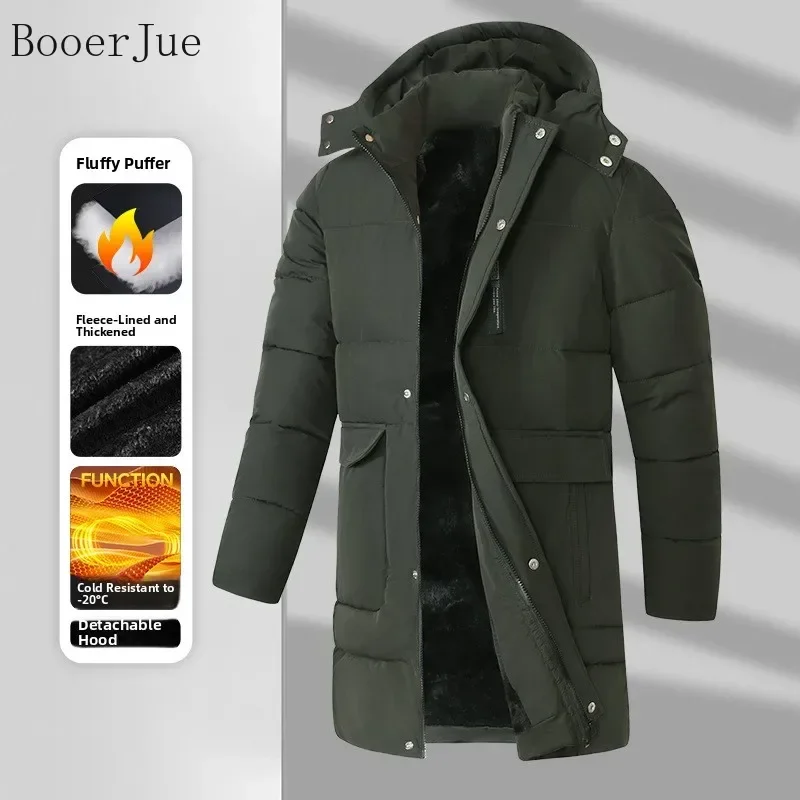 Men Mid-Length Winter Cotton Jacket Detachable Hat Wool Filling Warm Coat Business Casual Outdoor Hiking Fishing Camping Sports