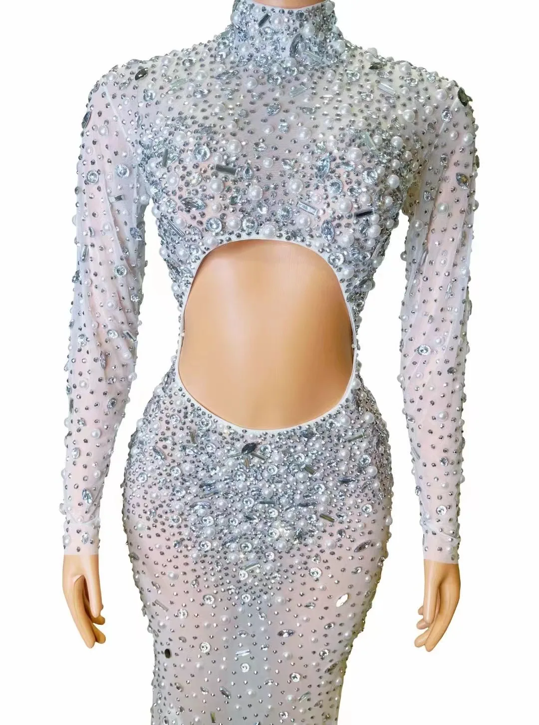 Sexy Brilliant Nightclub Bar cantante femminile Full Diamond Mesh prospettiva Hollow manica lunga avvolto Hip Model Performance Dress