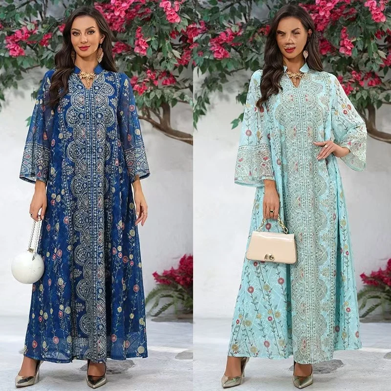 

Модный длинный халат Dr с принтом и бриллиантами, глубокий V-образный вырез, юбка трапециевидной формы с высокой талией, длинное вечернее платье для женщин