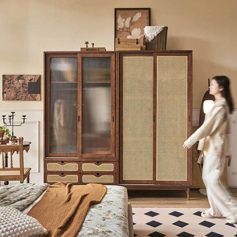 

Vintage solid wood rattan woven wardrobe, homestay hotel, double door glass sliding storage cabinet, integrated wall facing