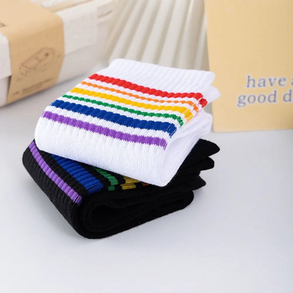 6Pairs Cozy Multicolor Rainbow Stripes Socks Mid-calf Breathable Rainbow Tube Sock Y2K Patchwork Cotton Socks Trendy