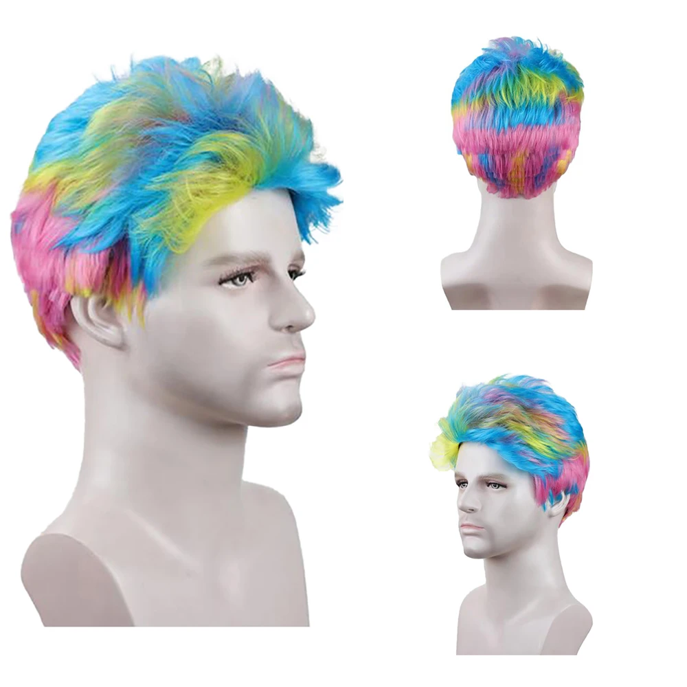 Natural Looking Rainbow Men's Wig Short Spiky Fluffy Breathable Synthetic Wig Easy To Wear For Daily Cosplay Party
