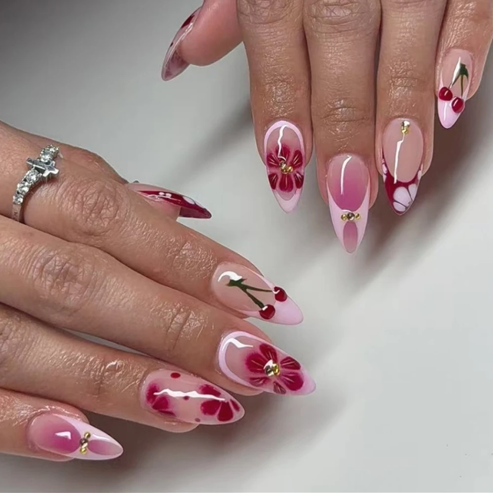

Red Flowers Halo Dyeing Fashion French Almond Nail Art Cute 3D Cherry False Nails Detachable Finished Fake Nails Press on Nails