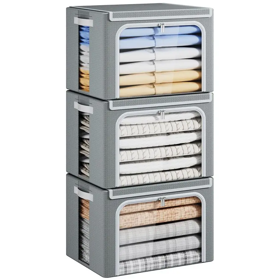 Clothes Storage Bins with Metal Frame, 40L Foldable Clothing Storage Bins with Lid, Stackable Zippered Clothes Storage Bags, Oxf