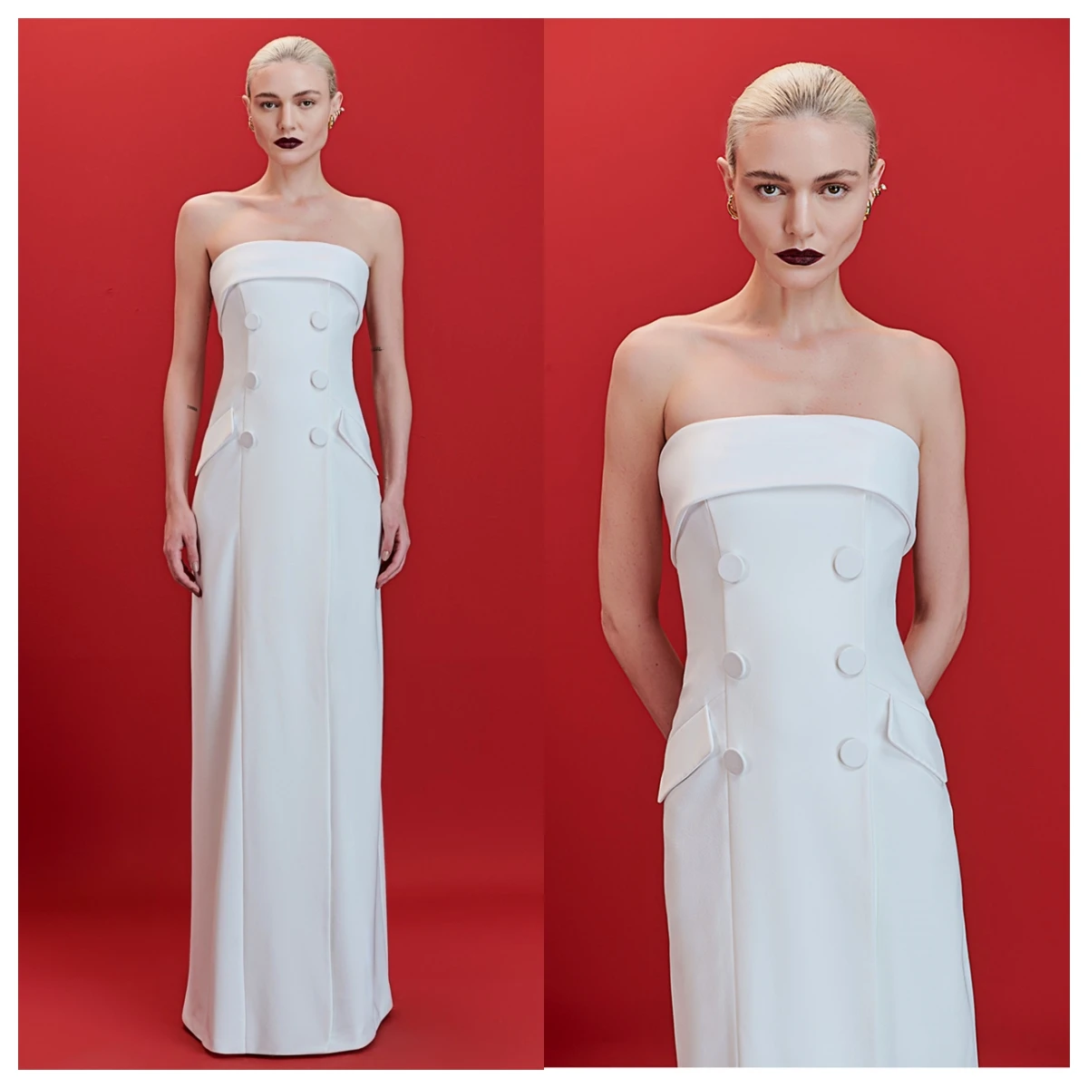 Customized High Quality White Jersey Evening Dress Strapless Sleeveless Prom Dress Special Occasion Gowns Buttons Party Dress