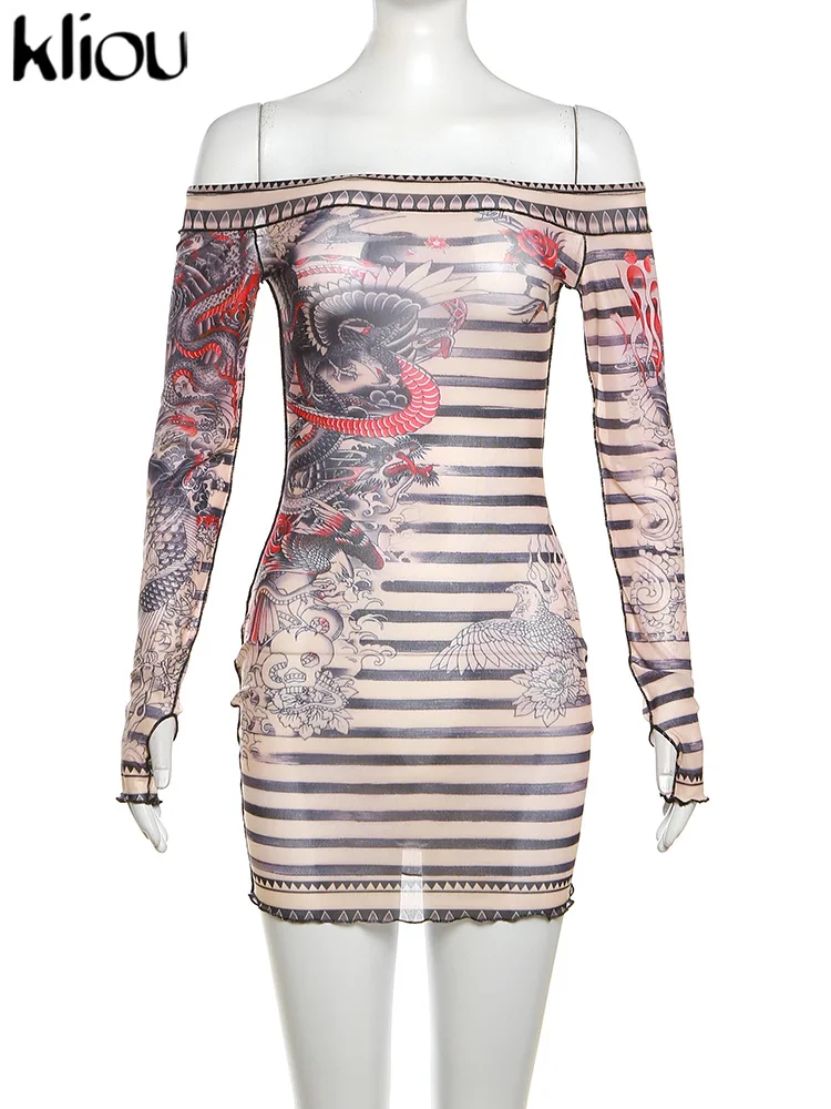 kliou Mesh Floral Print Dresses Women Slash-Neck Sexy See Through Full Sleeve Body-shaping Robe Vintage Striped Girls Attirewear