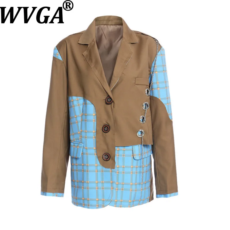 WVGA Spring Summer New Men's Tide Patchwork Trendy Plaid Chain Denim Jacket Niche Chic Casual Turn-Down Collar Blazer Ins W20435